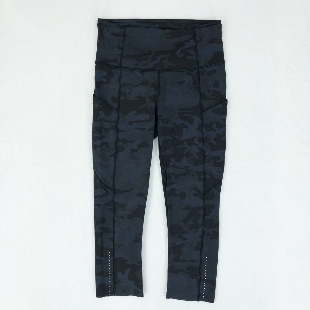 Lululemon Fast and Free Leggings Womens 4 Black Camo Cropped Athletic Tights